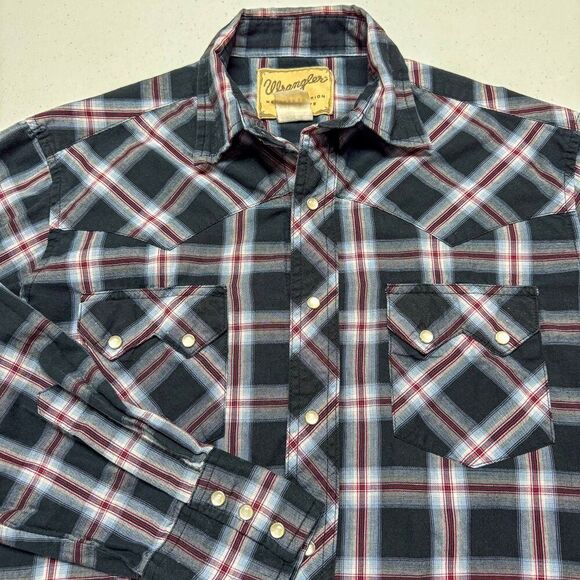 Wrangler Western Shirt Mens Medium Black Plaid Pearl Snap Cowboy Ranch Farm Work - Picture 7 of 10